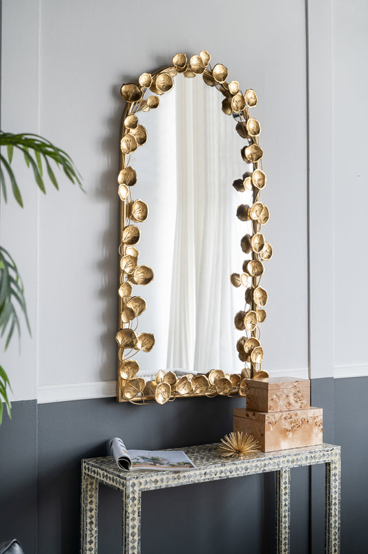 51.5' x 29' Full Length Arched Wall Mirror with Golden Leaf Accents, Decorative Mirror for Living Room Bedroom
