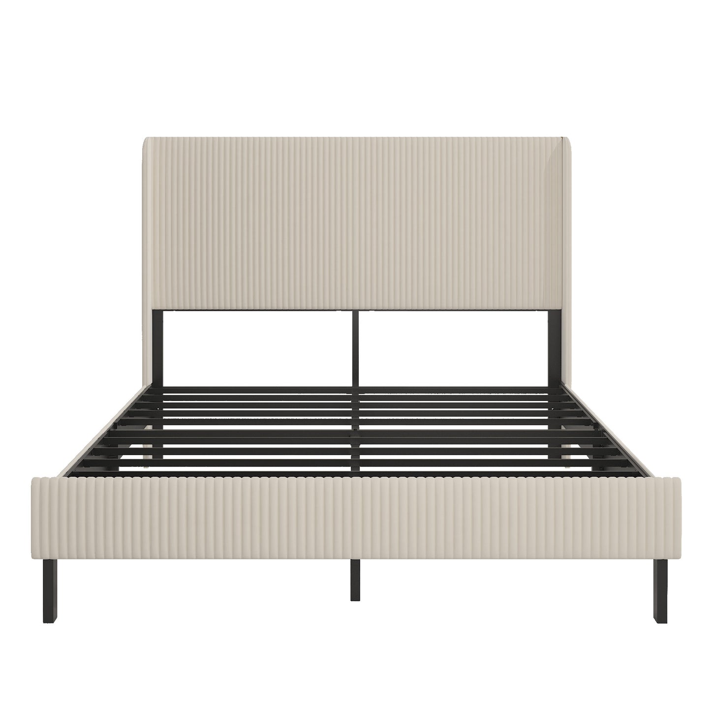 Modern Beige Queen Size Platform Bed with Metal Frame and Charging Station