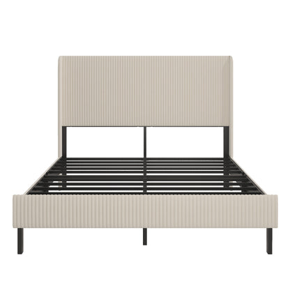 Modern Beige Queen Size Platform Bed with Metal Frame and Charging Station
