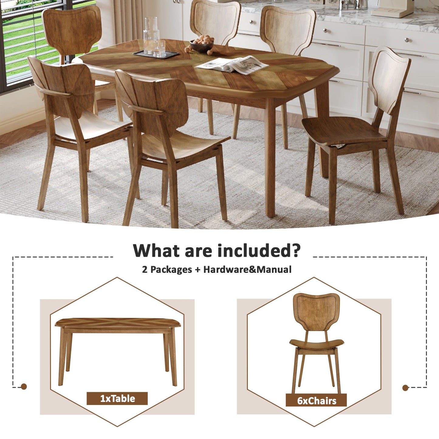 Vintage-Style Solid Wood Dining Table Set with Classic Dining Chairs for Home
