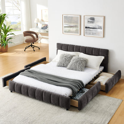 Modern Upholstered Queen Size Bed Frame with Storage Drawer, Chenille Fabric, Dark Gray