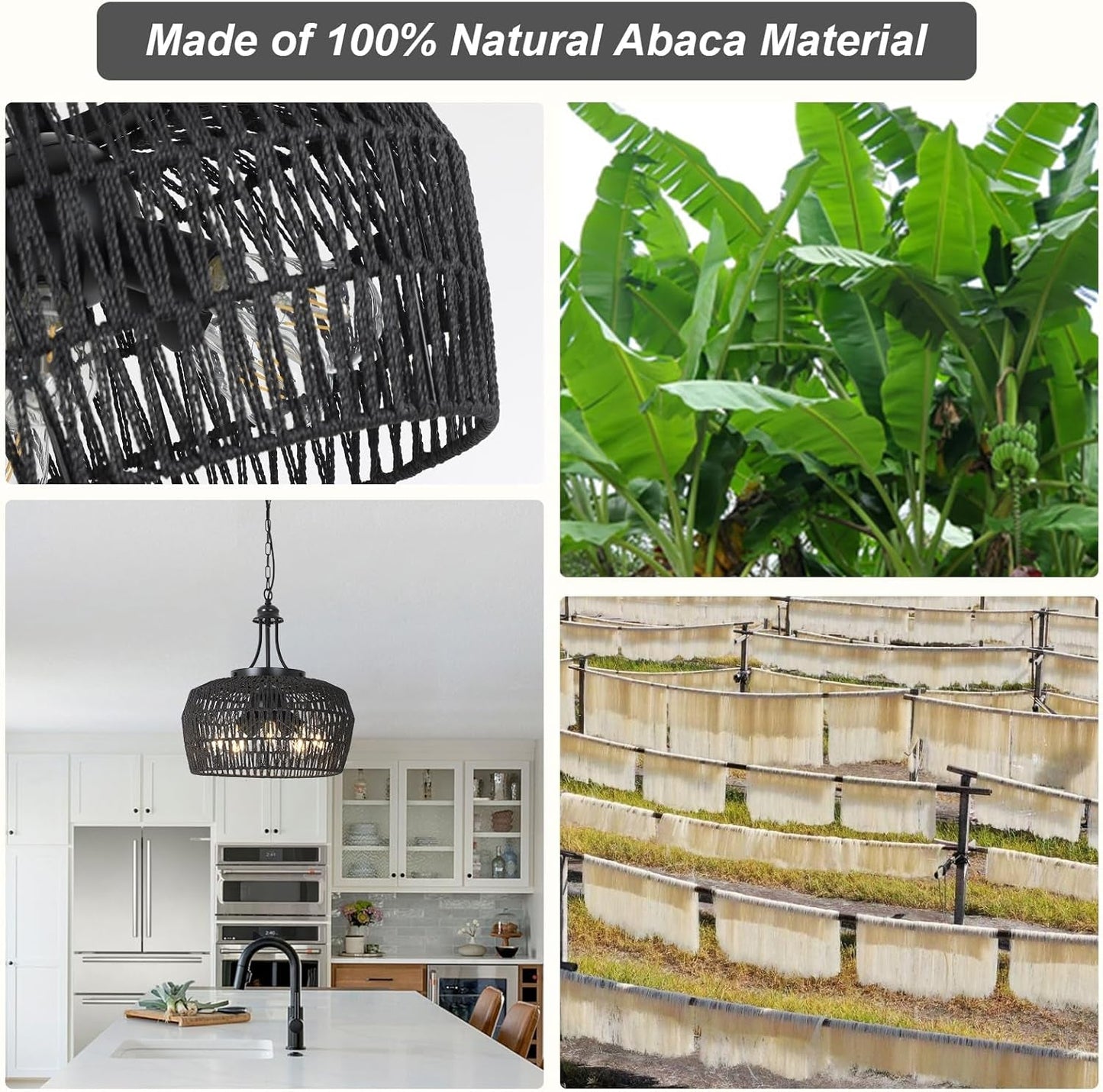 Black Rattan Chandeliers for Dining Room, 5-Light Farmhouse Chandelier