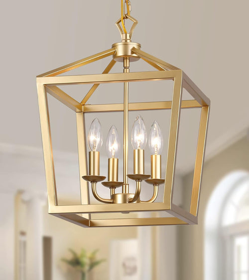 Gold Lantern Chandelier Hanging Pendant Light Fixture 4-Lights for