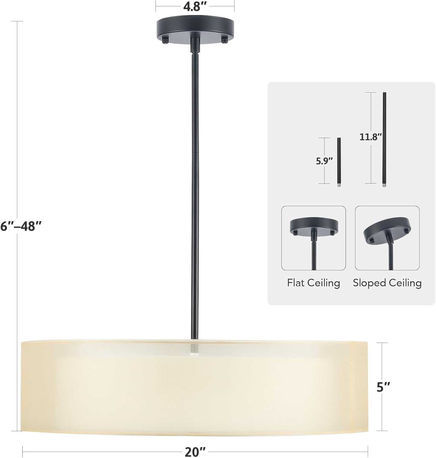 3-Light Drum Chandeliers, 20" Pendant Light Fixture with 2-Layer