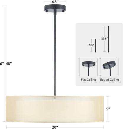 3-Light Drum Chandeliers, 20" Pendant Light Fixture with 2-Layer