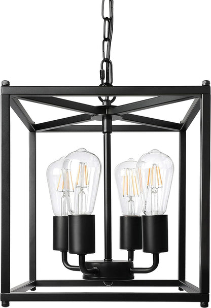 4-Light Black Farmhouse Chandelier, Iron Lantern Pendant Light Rustic