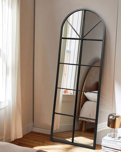 Floor Full Length Mirror, Black Arched-Top, Large Window Pane Mirror,