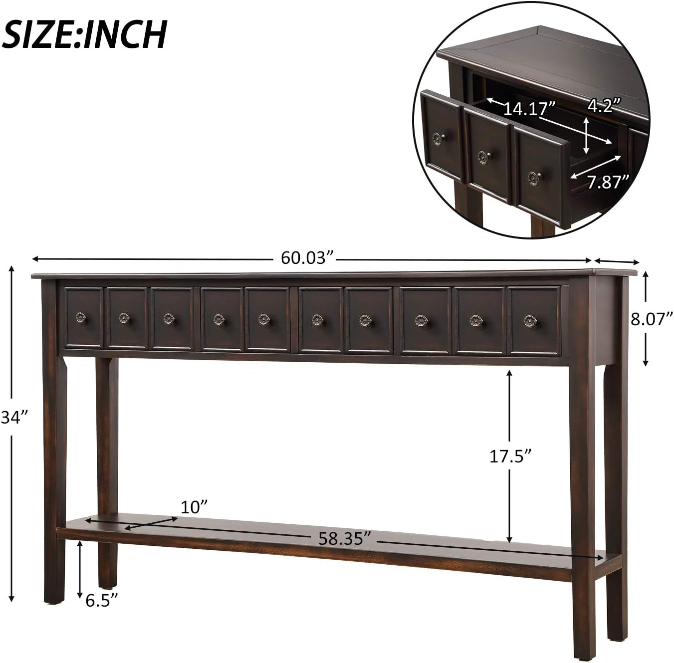 Rustic Console Table with Drawers and Shelf