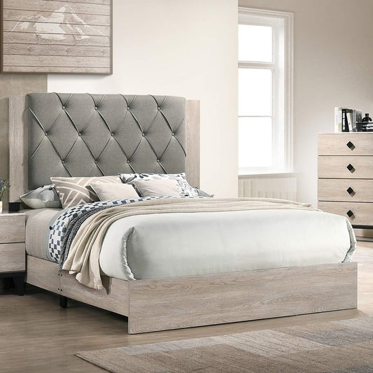Contemporary 1pc Cream Finish Queen Size Bed Bedroom Furniture Gray Tufted Design Headboard Rubberwood 1pc Bedframe