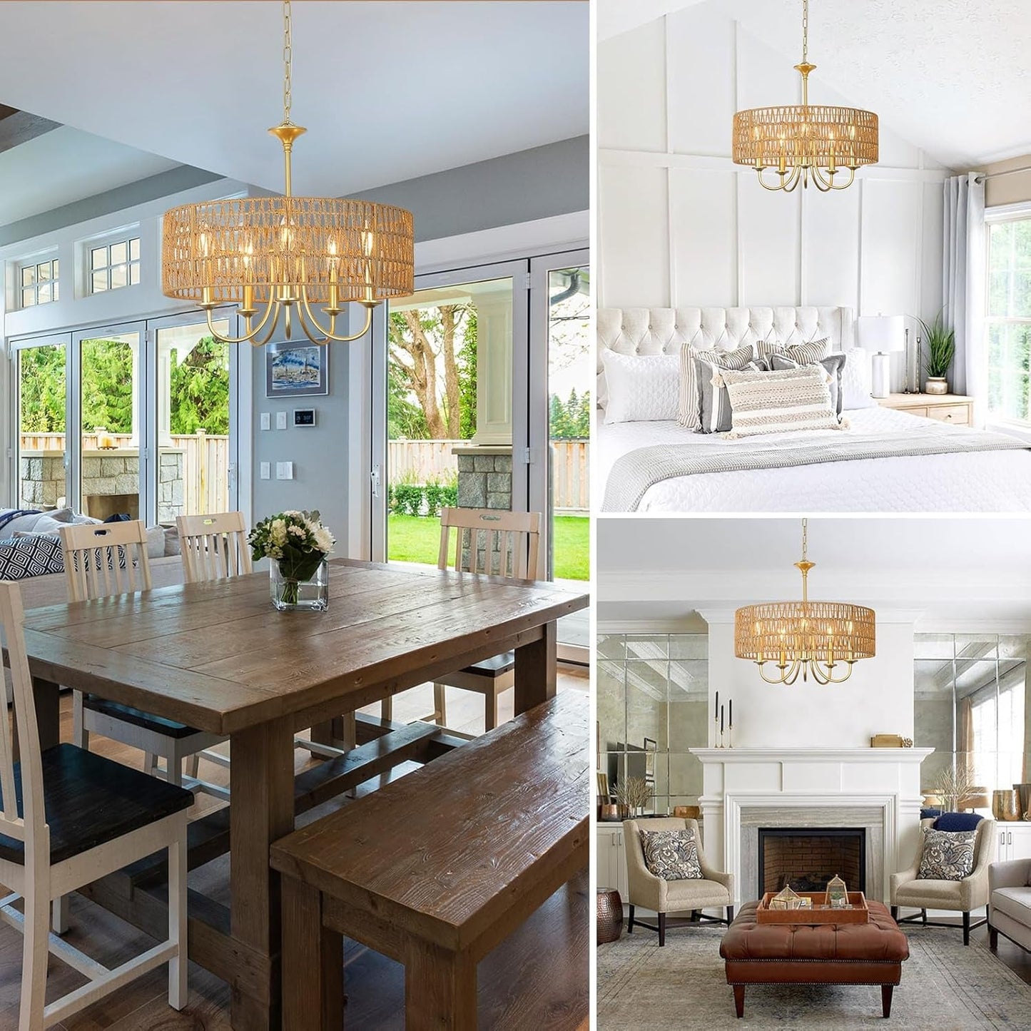 Gold Chandelier Light Fixtures, 5-Light Large Boho Rattan Pendant