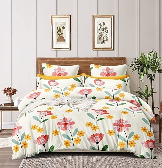 Cotton Feel Printed Quilted Bedsheet Set with Matching Pillow Covers and Bed Cover