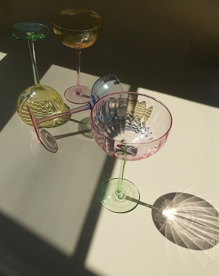 Hand Blown Retro Pastel Coloured Cocktail Glasses Coupe Set of 4 ( $22.5 Each )