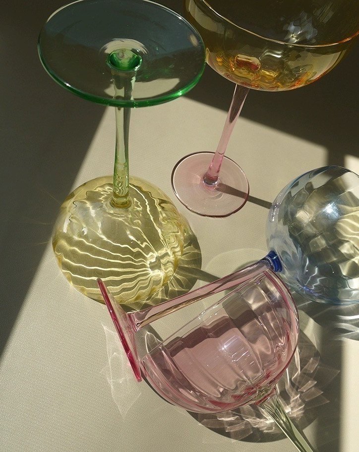 Hand Blown Retro Pastel Coloured Cocktail Glasses Coupe Set of 4 ( $22.5 Each )