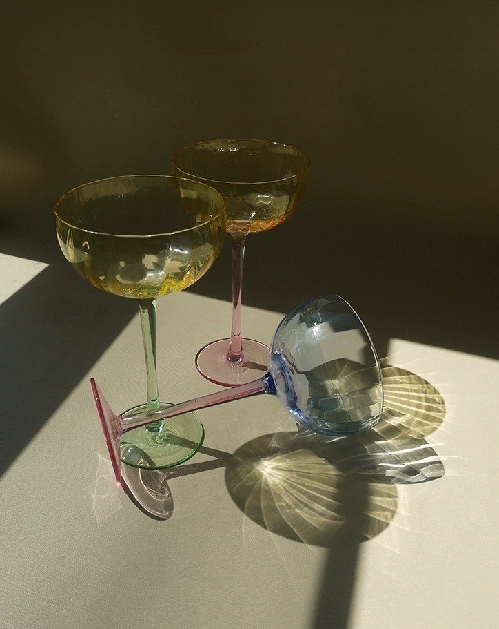 Hand Blown Retro Pastel Coloured Cocktail Glasses Coupe Set of 4 ( $22.5 Each )