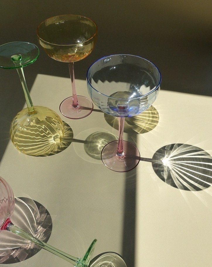 Hand Blown Retro Pastel Coloured Cocktail Glasses Coupe Set of 4 ( $22.5 Each )