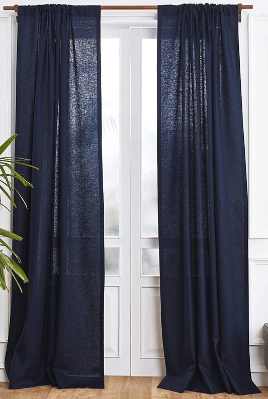 Navy - 100% Pure Linen Curtains | Cotton Linen Mix | Two Panels | 2"