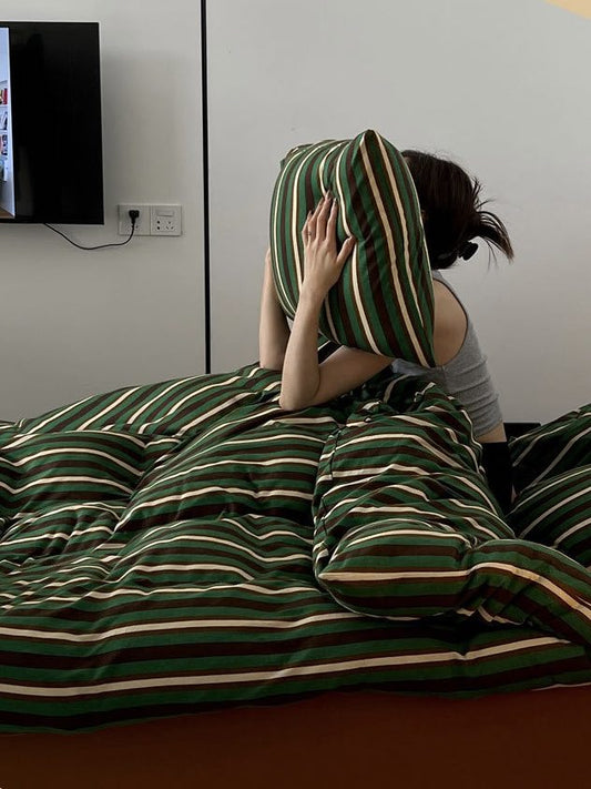 Retro Jersey Knit Stripe Duvet Cover Set with Pillowcases & Fitted Sheet